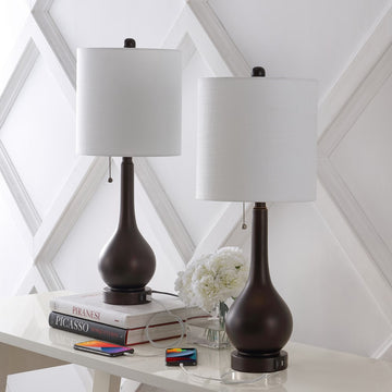 Tyler 24" Modern Classic Gourd Iron LED Table Lamp with Pull-Chain with Dual USB Charging Port - JONATHAN Y